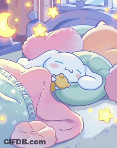 A Cartoon Drawing Of Cinnamoroll Sleeping In A Bed GIF