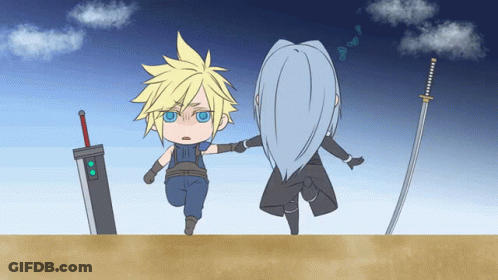 A Cartoon Drawing Of Cloud Strife And Sephiroth With Swords GIF