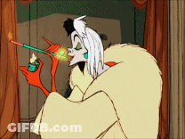 A Cartoon Drawing Of Cruella De Vil Holding A Lighter GIF