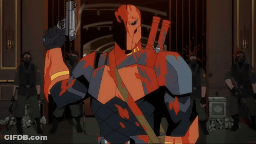 A Cartoon Drawing Of Deadpool Holding A Gun In His Hand GIF