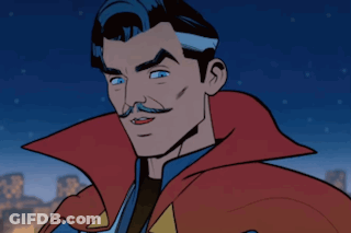 A Cartoon Drawing Of Doctor Strange With A Red Cape And Blue Eyes GIF