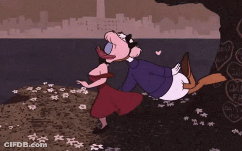 A Cartoon Drawing Of Donald Duck And Daisy Duck Kissing GIF