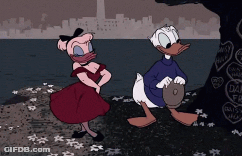 A Cartoon Drawing Of Donald Duck And Daisy Duck Standing Next To Each Other GIF