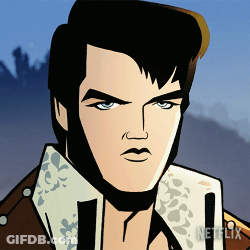 A Cartoon Drawing Of Elvis Presley With A Netflix Logo Behind Him GIF