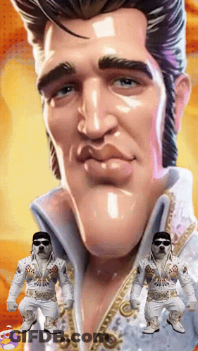 A Cartoon Drawing Of Elvis Presley With A Purple S On The Bottom Right GIF