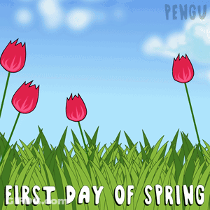 A Cartoon Drawing Of Flowers In A Field With The Words First Day Of Spring GIF