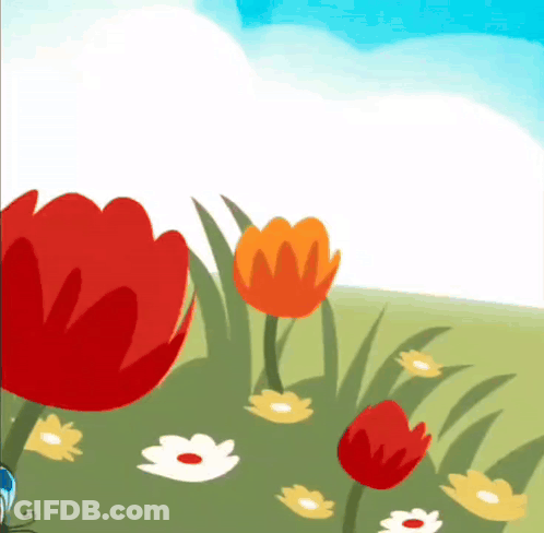 A Cartoon Drawing Of Flowers With A Blue Butterfly In The Foreground GIF