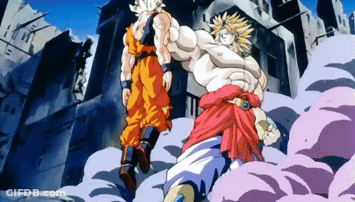 A Cartoon Drawing Of Goku And Broly Fighting Each Other GIF