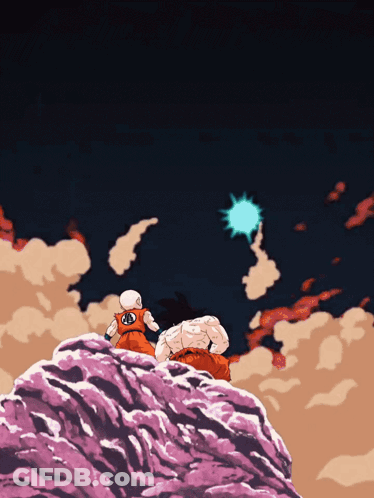 A Cartoon Drawing Of Goku And Frieza Standing On A Mountain GIF