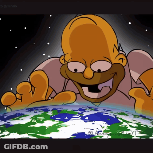 A Cartoon Drawing Of Homer Simpson Reaching Out Towards The Earth GIF