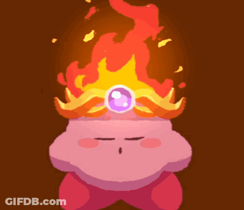 A Cartoon Drawing Of Kirby With A Crown Of Fire On His Head GIF