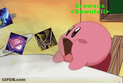 A Cartoon Drawing Of Kirby With The Words Crowsus Downfall Written Above Him GIF