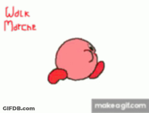 A Cartoon Drawing Of Kirby With The Words Walk Marche Written On The Bottom GIF
