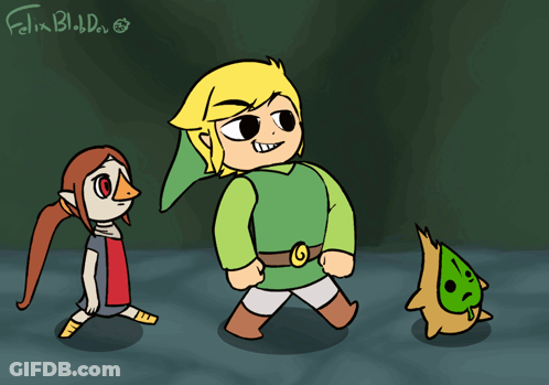 A Cartoon Drawing Of Link And Two Other Characters With Felix Blood On The Bottom GIF