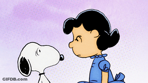 A Cartoon Drawing Of Lucy And Snoopy With A Purple Background GIF