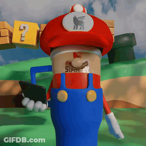 A Cartoon Drawing Of Mario Holding A Phone And A Cup Of Stanley Coffee GIF