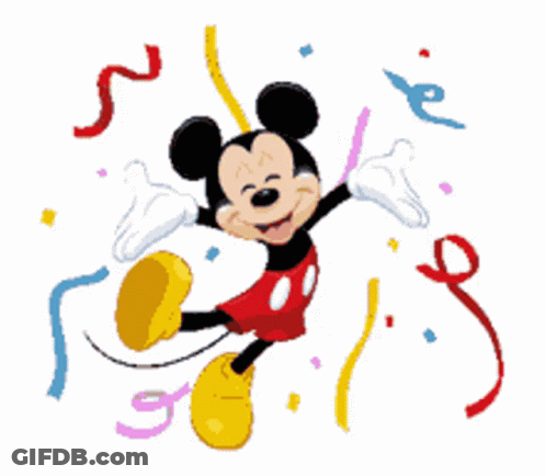 A Cartoon Drawing Of Mickey Mouse Surrounded By Confetti And Streamers GIF
