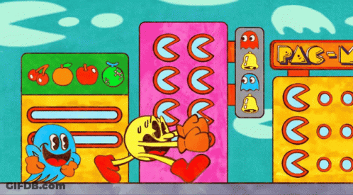 A Cartoon Drawing Of Pac Man Standing In Front Of A Pac-Man Store GIF