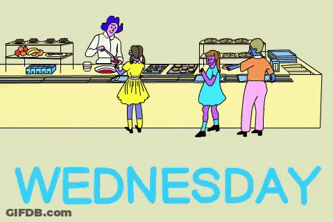 A Cartoon Drawing Of People Standing At A Counter With The Words Wednesday In Orange GIF