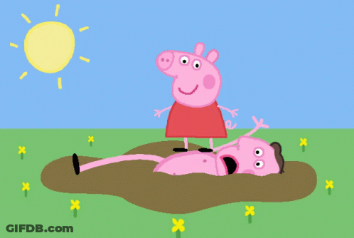 A Cartoon Drawing Of Peppa Pig Standing Next To A Pig Laying In The Mud GIF
