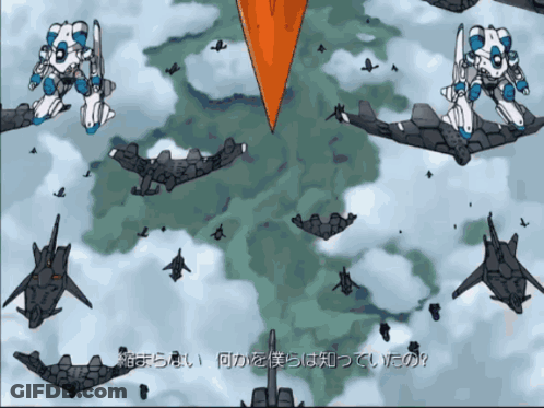 A Cartoon Drawing Of Planes And Robots With A Foreign Language Caption GIF
