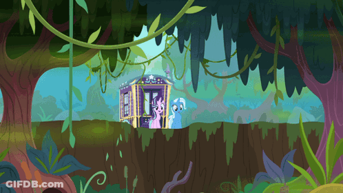 A Cartoon Drawing Of Ponies In A Jungle With A House In The Background GIF