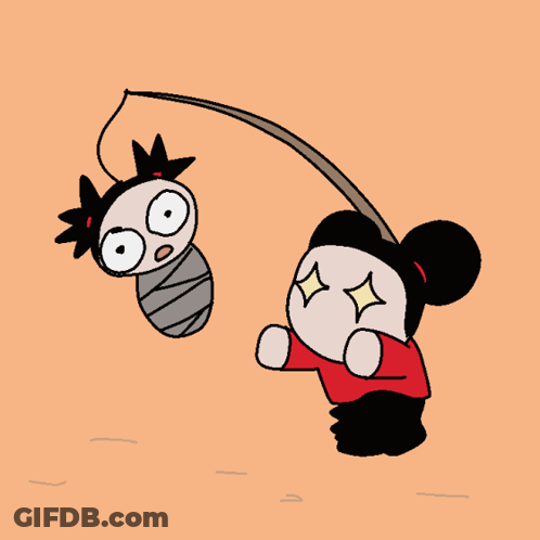 A Cartoon Drawing Of Pucca And A Bug With A Fishing Rod GIF