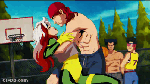 A Cartoon Drawing Of Rogue And A Man With The Number 7 On His Shirt GIF