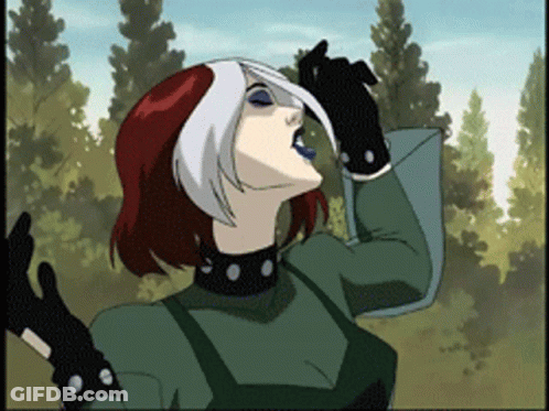 A Cartoon Drawing Of Rogue From X-Men Looking Up GIF
