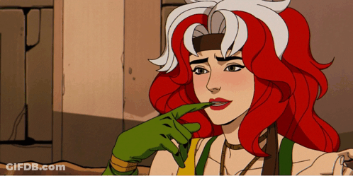 A Cartoon Drawing Of Rogue With Red Hair And Green Gloves GIF