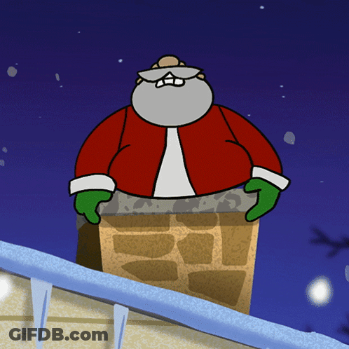 A Cartoon Drawing Of Santa Claus Standing On Top Of A Chimney GIF