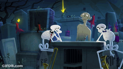 A Cartoon Drawing Of Skeletons In A Cemetery With Rip On A Gravestone GIF
