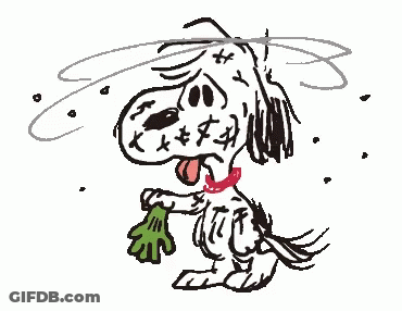 A Cartoon Drawing Of Snoopy Holding A Bag Of Greens . GIF