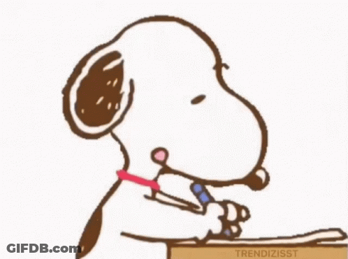 A Cartoon Drawing Of Snoopy Sitting At A Desk Writing On A Piece Of Paper GIF