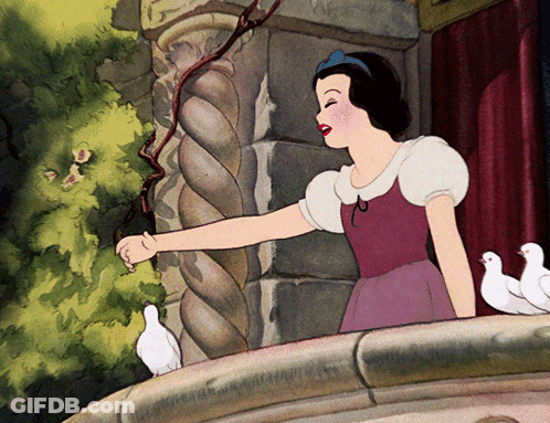 A Cartoon Drawing Of Snow White Standing On A Balcony With Birds GIF