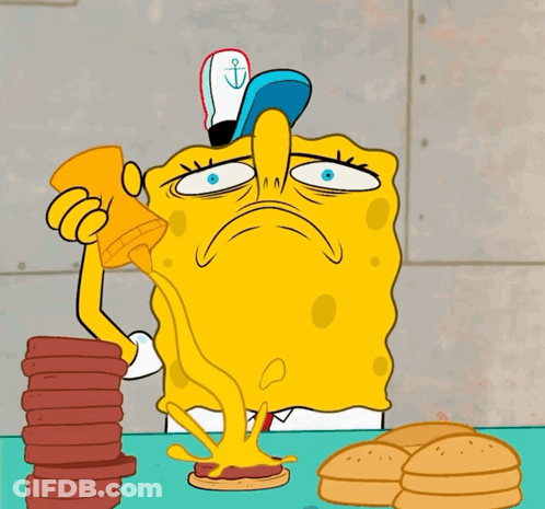 A Cartoon Drawing Of Spongebob Eating A Hamburger And A Stack Of Cookies GIF