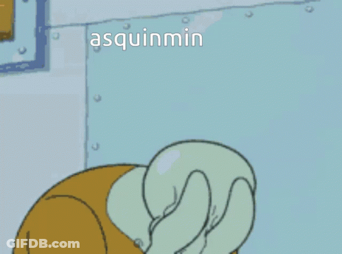 A Cartoon Drawing Of Squidward With The Word Asquinmin Written On His Head GIF