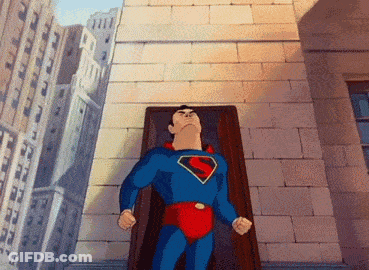 A Cartoon Drawing Of Superman Standing In Front Of A Building GIF