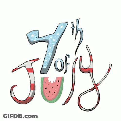 A Cartoon Drawing Of The 7Th Of July With Watermelon And Fireworks GIF