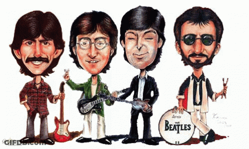 A Cartoon Drawing Of The Beatles With Their Instruments GIF