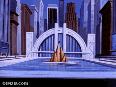 A Cartoon Drawing Of The Hall Of Justice In A City GIF