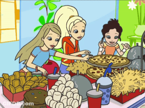 A Cartoon Drawing Of Three Girls Standing Around A Table With Food GIF
