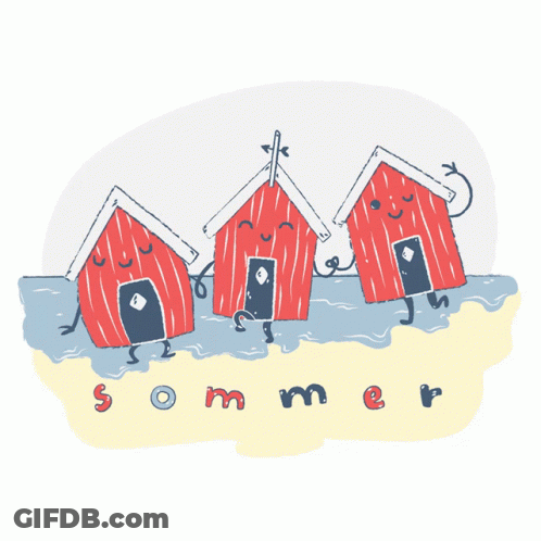 A Cartoon Drawing Of Three Red Houses On A Beach With The Word Sommer Written Below Them GIF