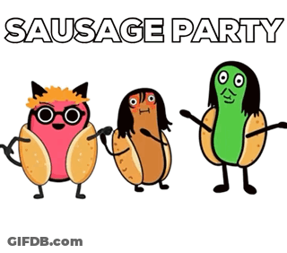 A Cartoon Drawing Of Three Sausages With The Words Sausage Party Above Them GIF