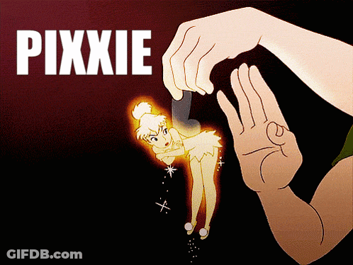 A Cartoon Drawing Of Tinkerbell With The Word Pixie Written Above Her GIF