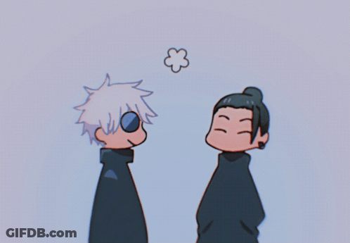 A Cartoon Drawing Of Two Anime Characters With A Flower Floating Above Their Heads GIF