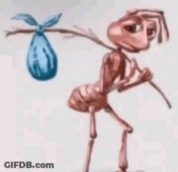 A Cartoon Drawing Of Two Ants Carrying A Blue Bag Hanging From A Tree Branch . GIF