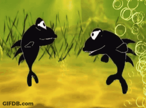 A Cartoon Drawing Of Two Black Fish Swimming In The Water GIF