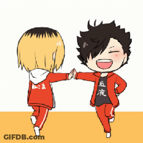 A Cartoon Drawing Of Two Boys Giving Each Other A High Five With One Wearing A Black Shirt With Chinese Writing On It GIF
