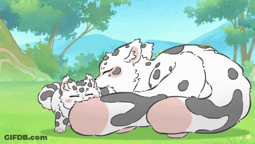 A Cartoon Drawing Of Two Cats Laying On Top Of Each Other In A Field GIF
